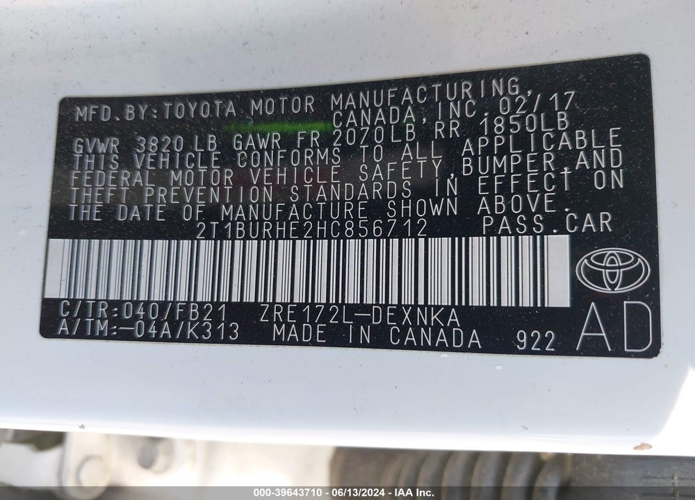 2017 TOYOTA COROLLA LE VIN: 2T1BURHE2HC856712