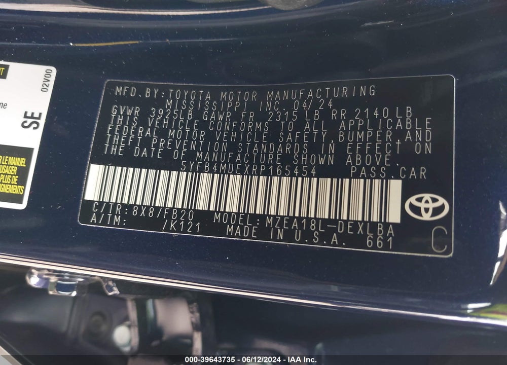2024 TOYOTA COROLLA LE VIN: 5YFB4MDEXRP165454