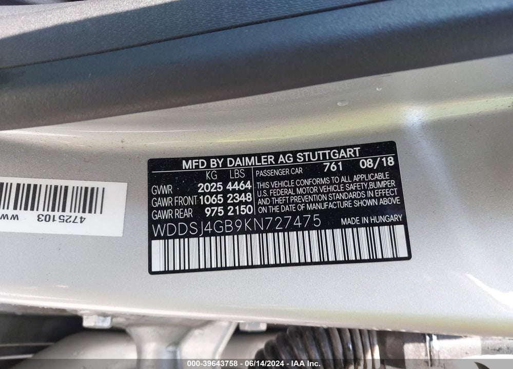 2019 MERCEDES-BENZ CLA 250 4MATIC VIN: WDDSJ4GB9KN727475
