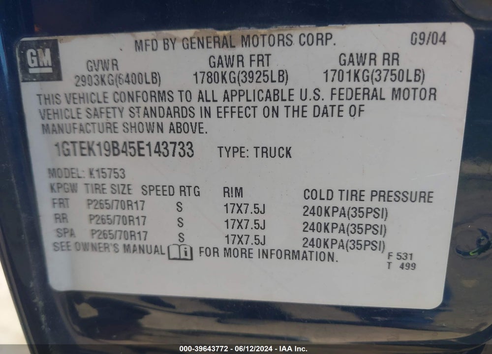 2005 GMC SIERRA 1500 SLE VIN: 1GTEK19B45E143733