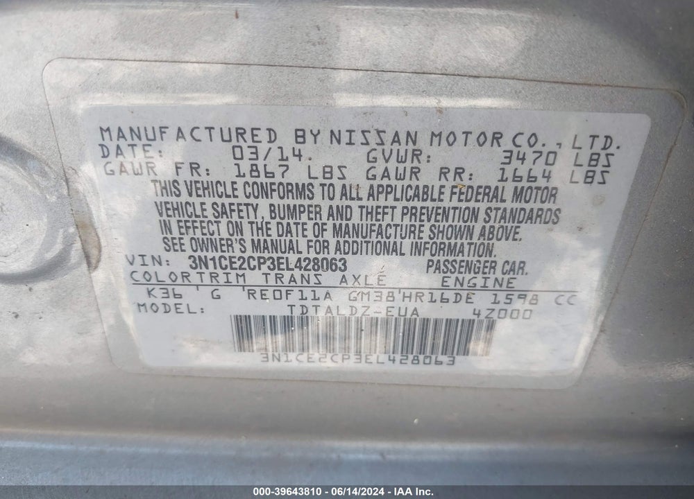 2014 NISSAN VERSA NOTE SV VIN: 3N1CE2CP3EL428063