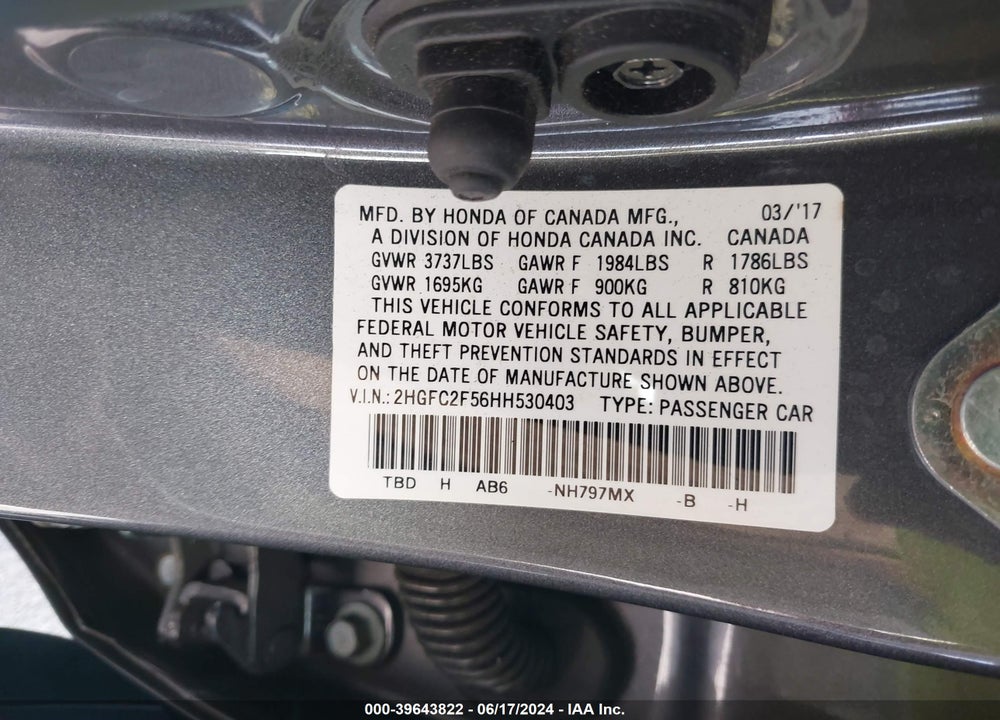 2017 HONDA CIVIC LX VIN: 2HGFC2F56HH530403