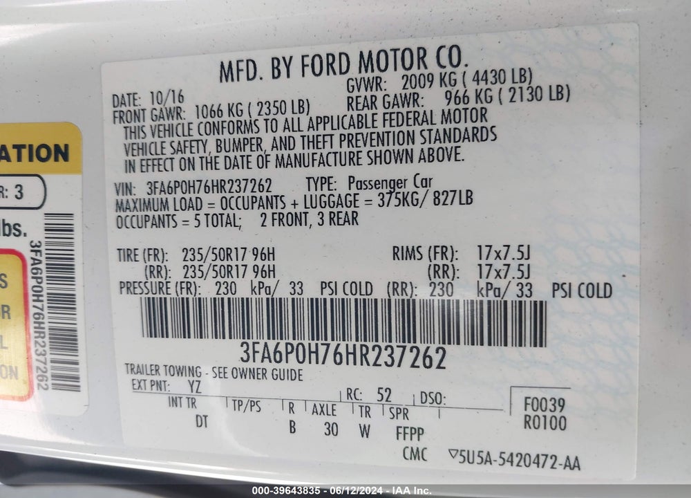2017 FORD FUSION SE VIN: 3FA6P0H76HR237262