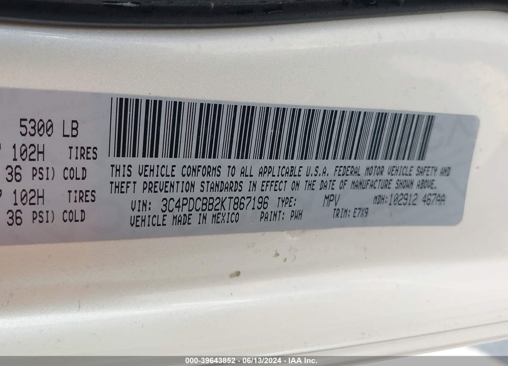 2019 DODGE JOURNEY SE VIN: 3C4PDCBB2KT867196