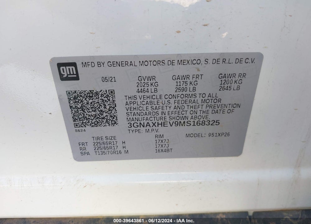 2021 CHEVROLET EQUINOX FWD LS VIN: 3GNAXHEV9MS168325
