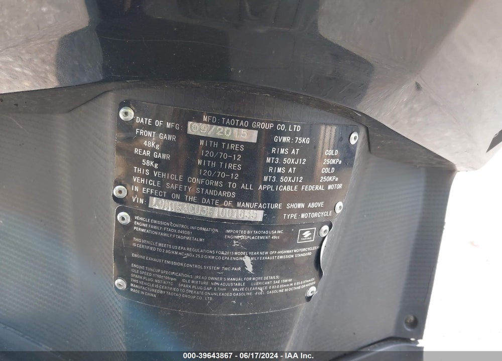 2015 TAO TAO MOPED VIN: L9NTEACU3F1001635