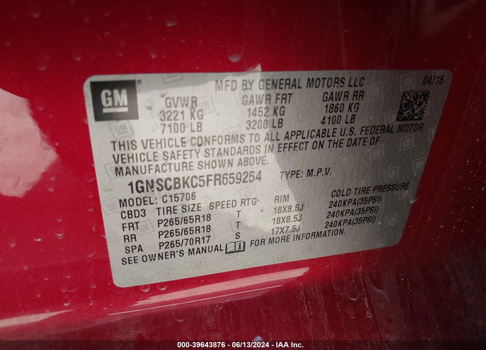 2015 CHEVROLET TAHOE LT VIN: 1GNSCBKC5FR659254