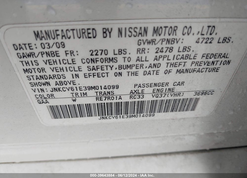 2009 INFINITI G37 JOURNEY VIN: JNKCV61E39M014099