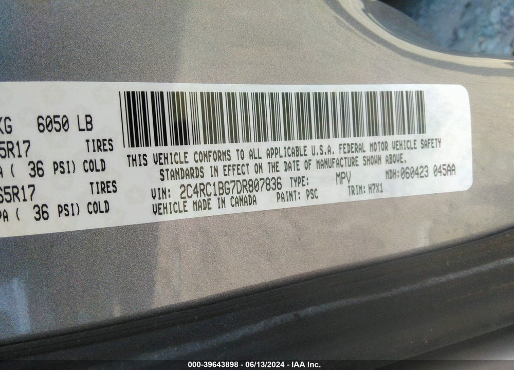 2013 CHRYSLER TOWN & COUNTRY TOURING VIN: 2C4RC1BG7DR807836
