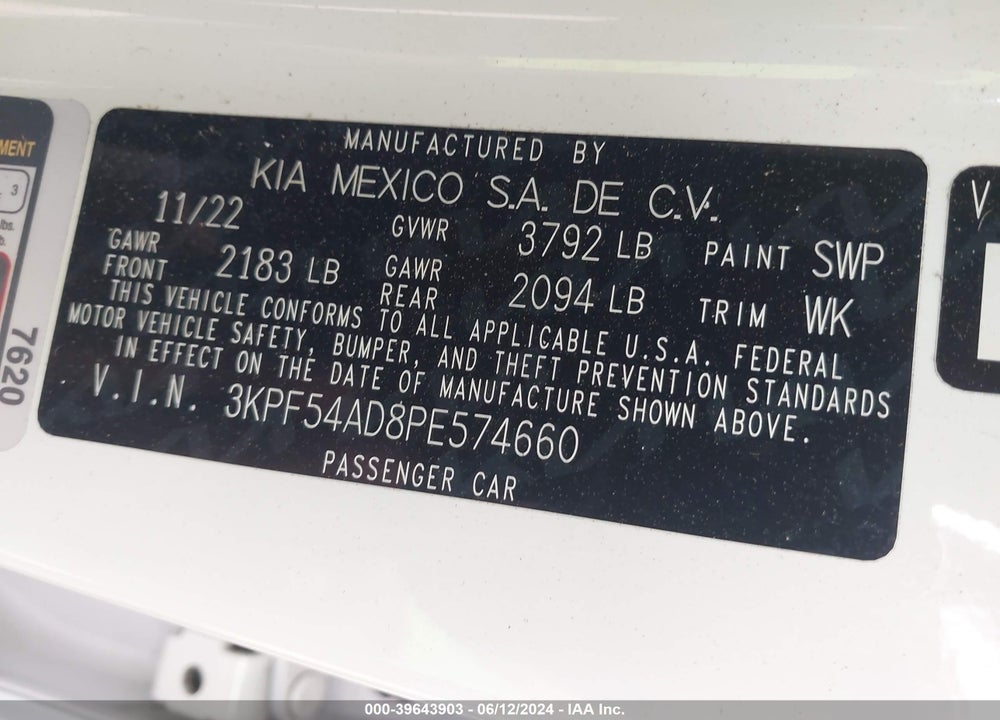 2023 KIA FORTE GT LINE VIN: 3KPF54AD8PE574660