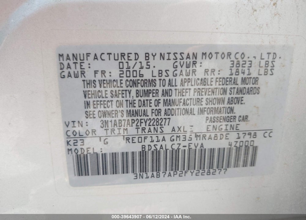 2015 NISSAN SENTRA S VIN: 3N1AB7AP2FY228277