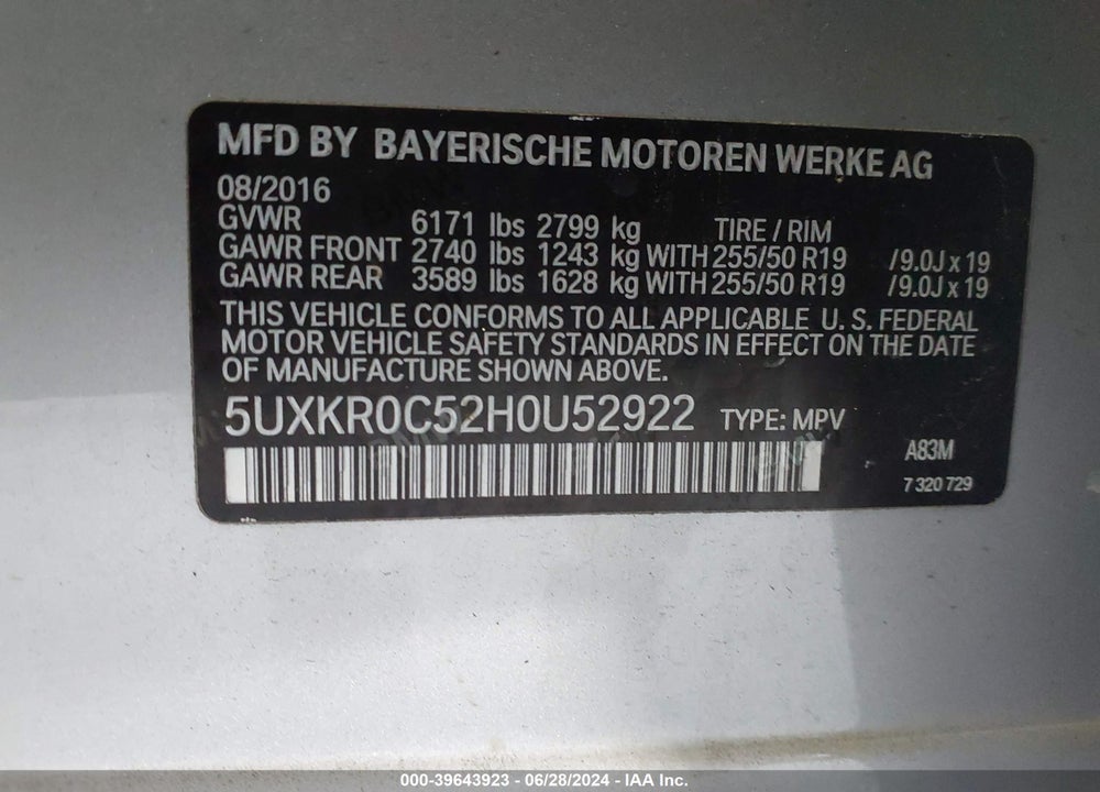 2017 BMW X5 XDRIVE35I VIN: 5UXKR0C52H0U52922