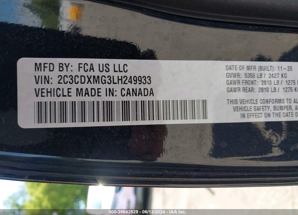2020 DODGE CHARGER GT AWD VIN: 2C3CDXMG3LH249933