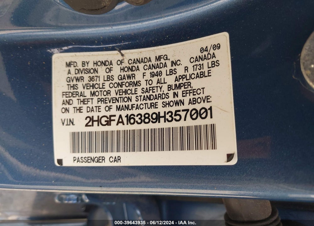 2009 HONDA CIVIC VP VIN: 2HGFA16389H357001