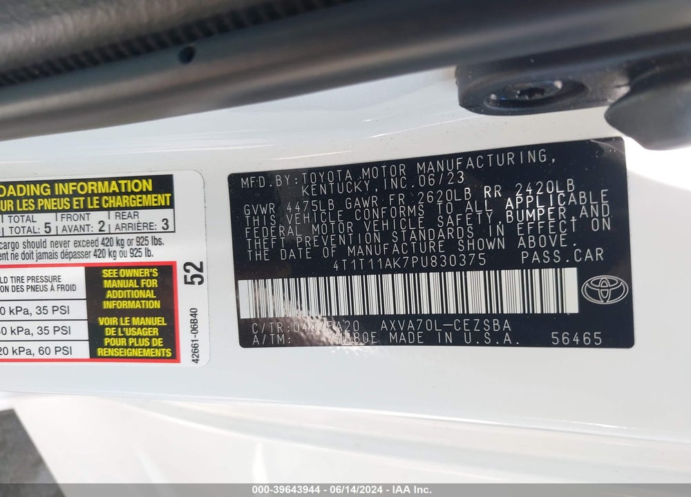 2023 TOYOTA CAMRY SE VIN: 4T1T11AK7PU830375