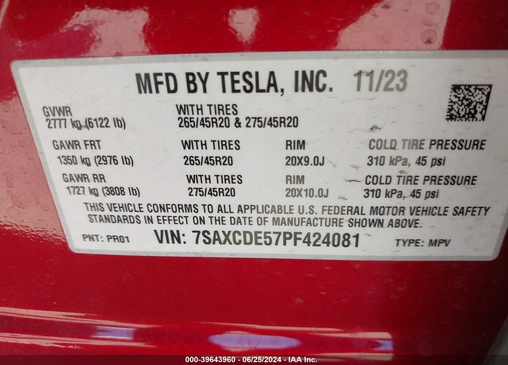 2023 TESLA MODEL X DUAL MOTOR ALL-WHEEL DRIVE/STANDARD RANGE VIN: 7SAXCDE57PF424081
