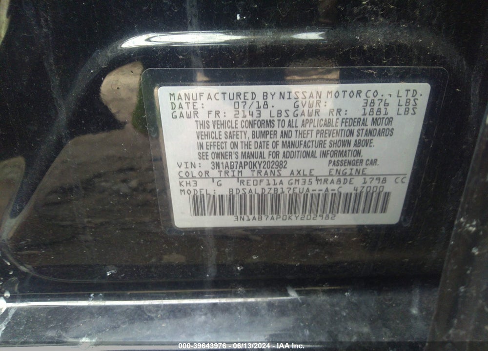 2019 NISSAN SENTRA SV VIN: 3N1AB7AP0KY202982