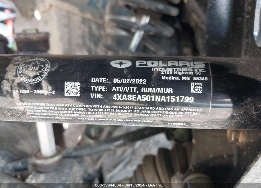 2022 POLARIS SPORTSMAN 450 H.O. VIN: 4XASEA501NA151799