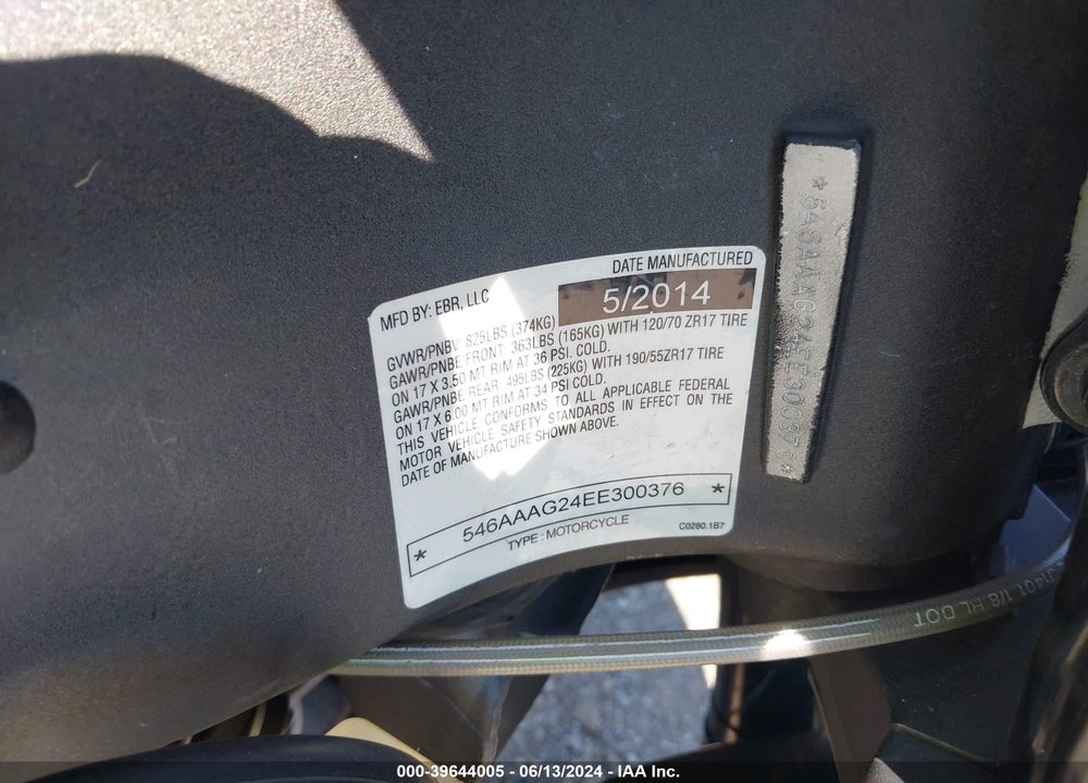 2014 BUELL 1190 RX VIN: 546AAAG24EE300376