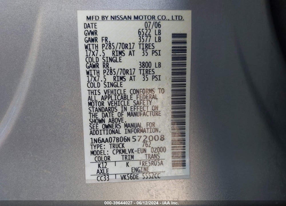 2006 NISSAN TITAN LE VIN: 1N6AA07B06N572008