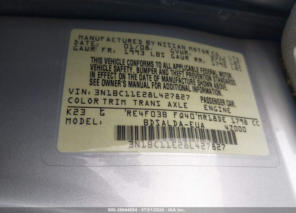 2008 NISSAN VERSA 1.8S VIN: 3N1BC11E28L427827