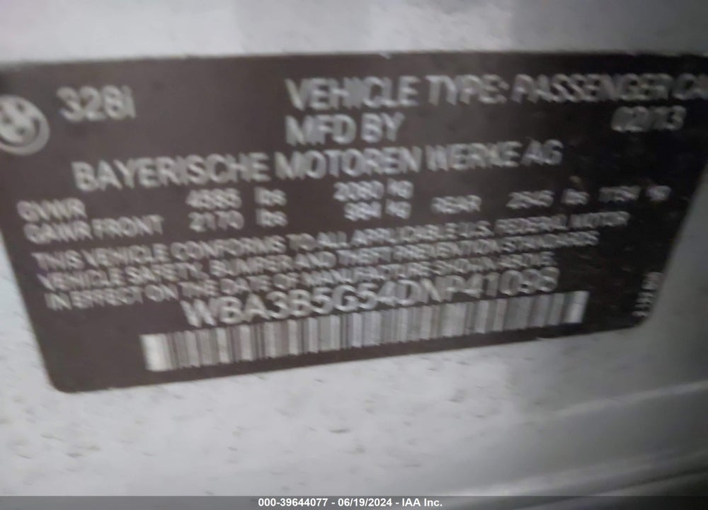 2013 BMW 3 SERIES VIN: WBA3B5G54DNP41098