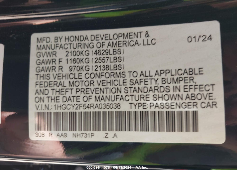2024 HONDA ACCORD HYBRID SPORT VIN: 1HGCY2F54RA035038