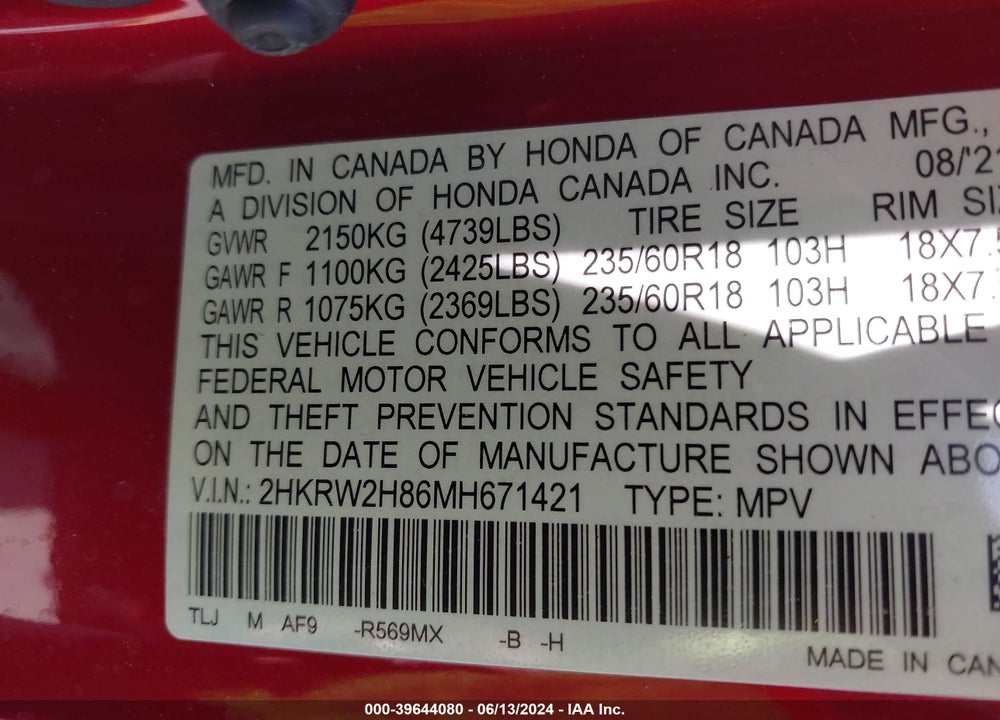 2021 HONDA CR-V AWD EX-L VIN: 2HKRW2H86MH671421