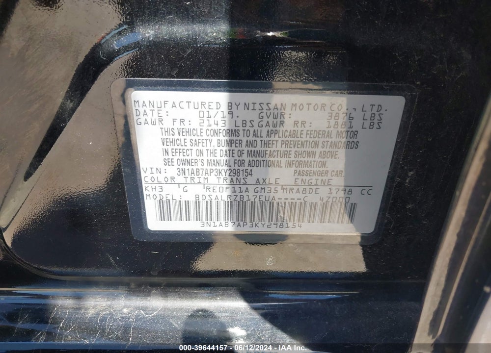 2019 NISSAN SENTRA SR VIN: 3N1AB7AP3KY298154