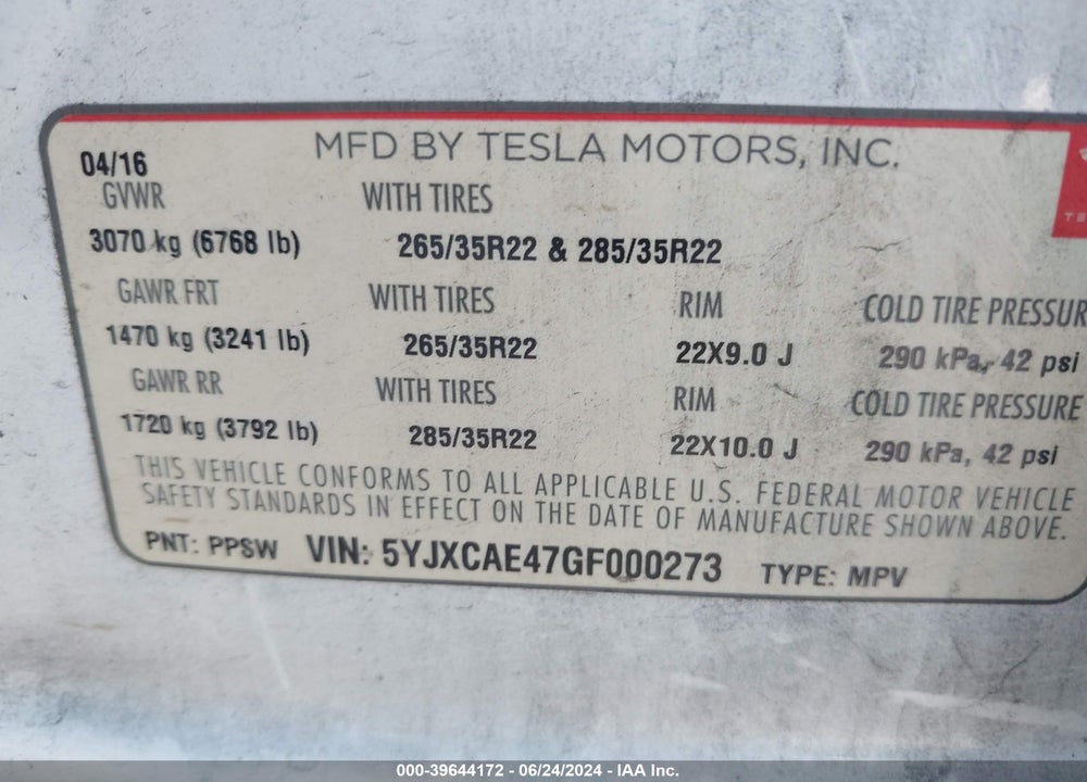 2016 TESLA MODEL X 60D/P100D/P90D VIN: 5YJXCAE47GF000273