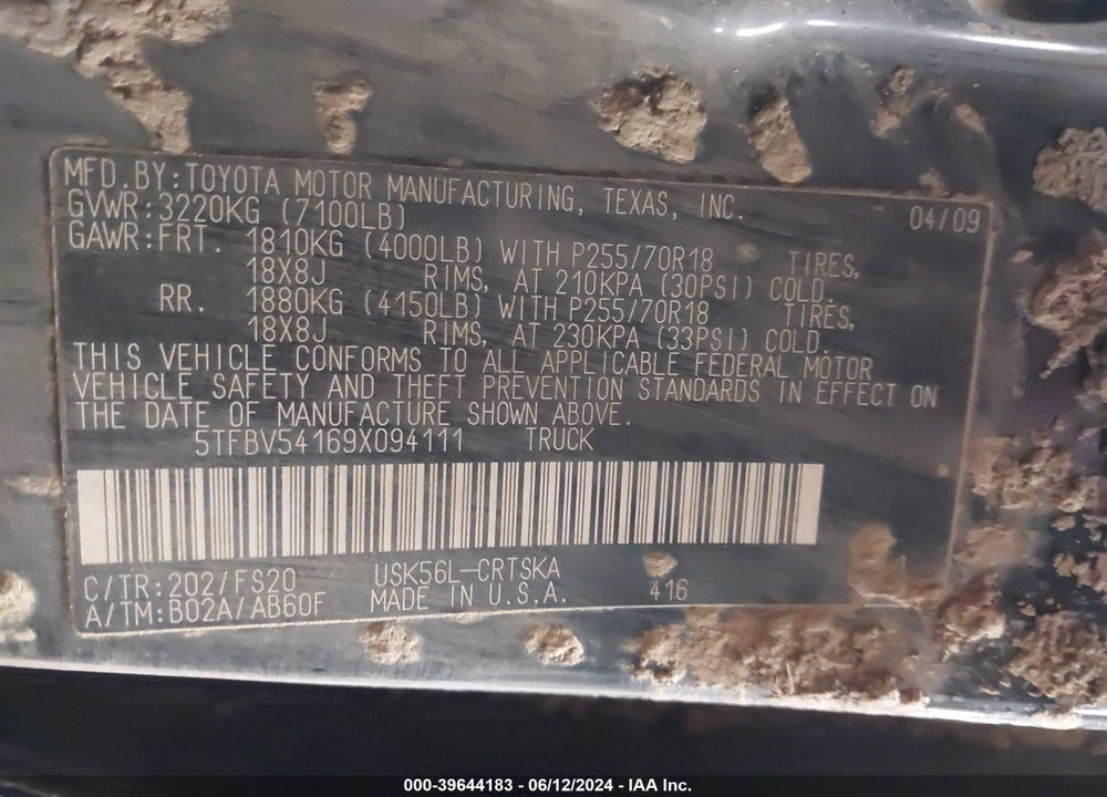 2009 TOYOTA TUNDRA GRADE 5.7L V8 VIN: 5TFBV54169X094111