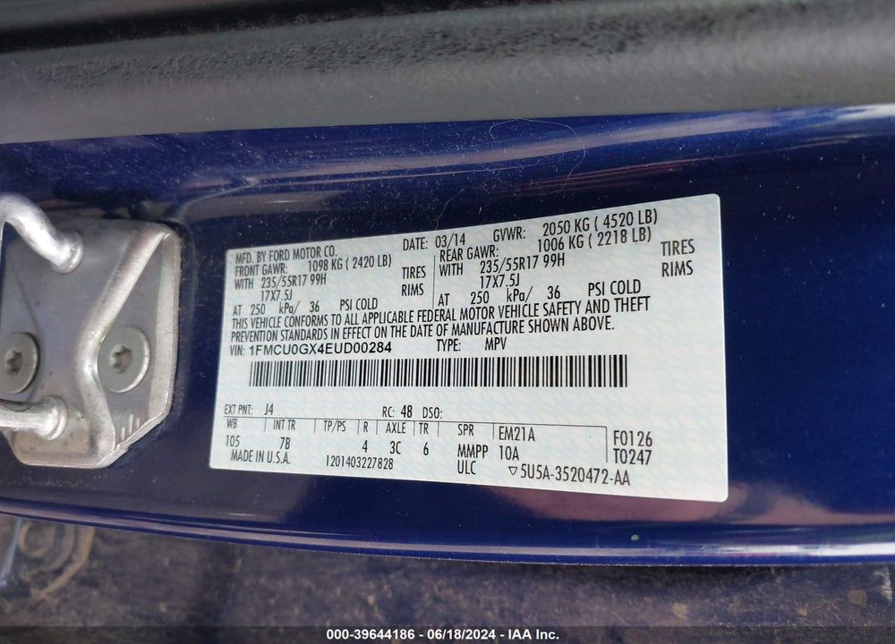 2014 FORD ESCAPE SE VIN: 1FMCU0GX4EUD00284