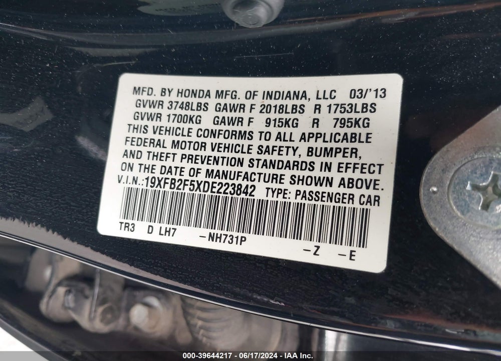 2013 HONDA CIVIC LX VIN: 19XFB2F5XDE223842