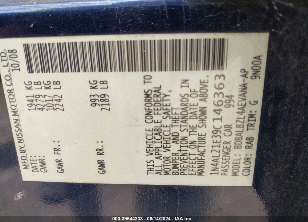 2009 NISSAN ALTIMA 2.5 S VIN: 1N4AL21E39C146363