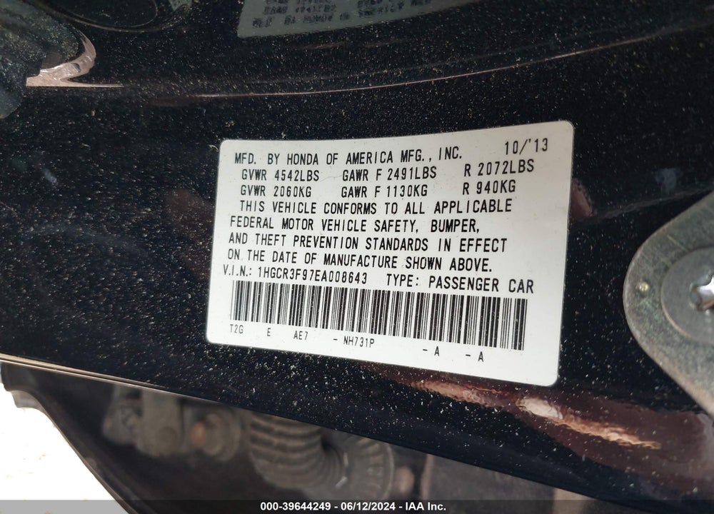 2014 HONDA ACCORD TOURING VIN: 1HGCR3F97EA008643