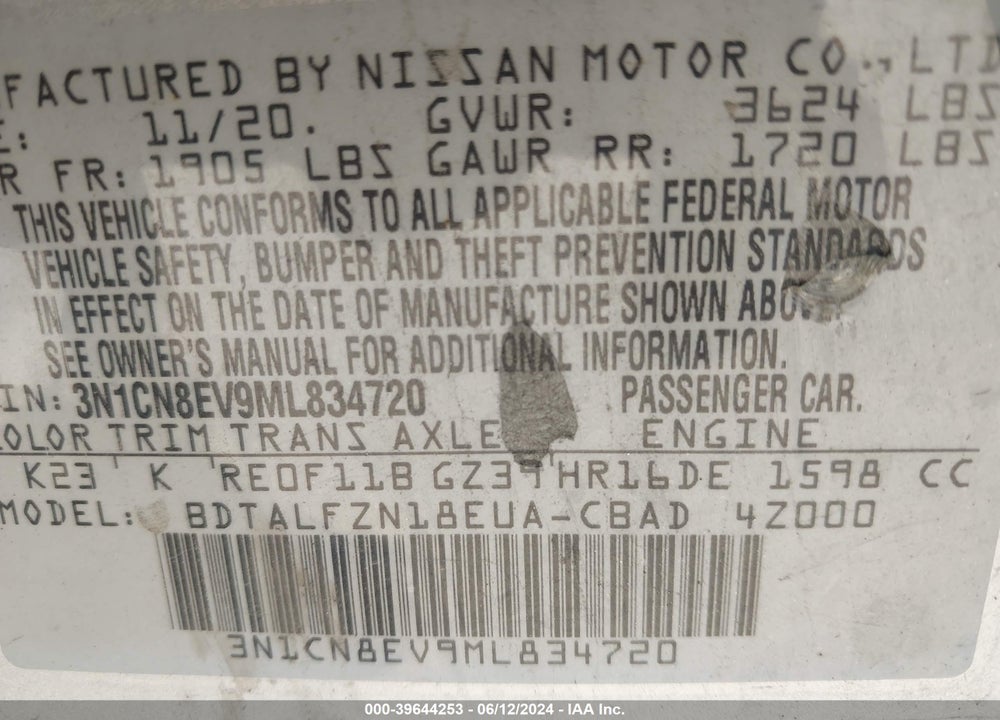 2021 NISSAN VERSA SV XTRONIC CVT VIN: 3N1CN8EV9ML834720