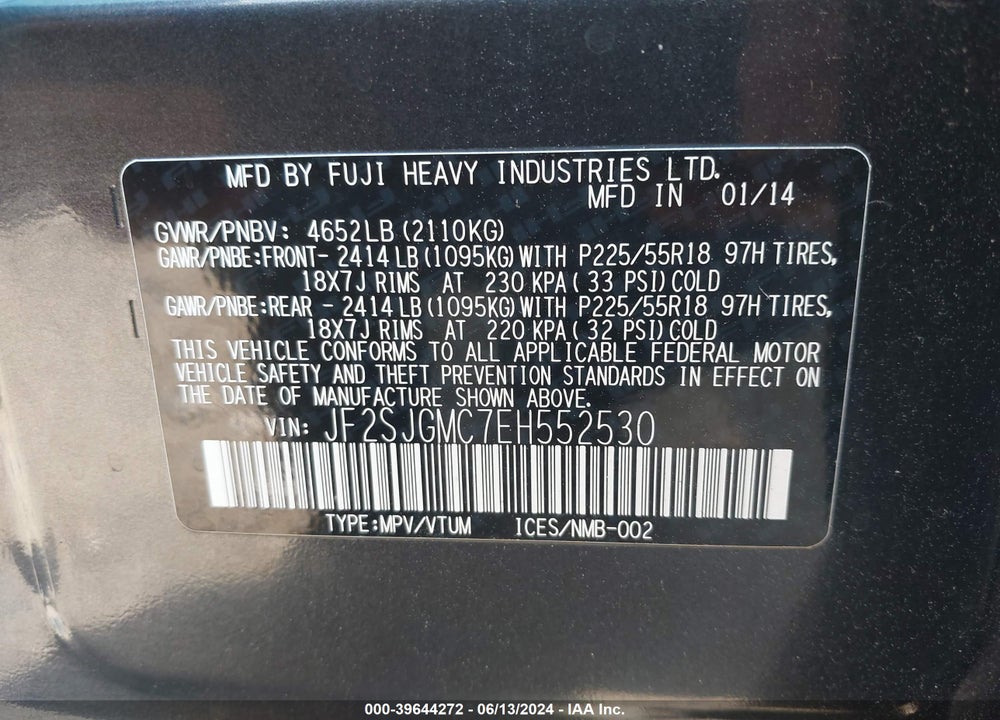 2014 SUBARU FORESTER 2.0XT TOURING VIN: JF2SJGMC7EH552530