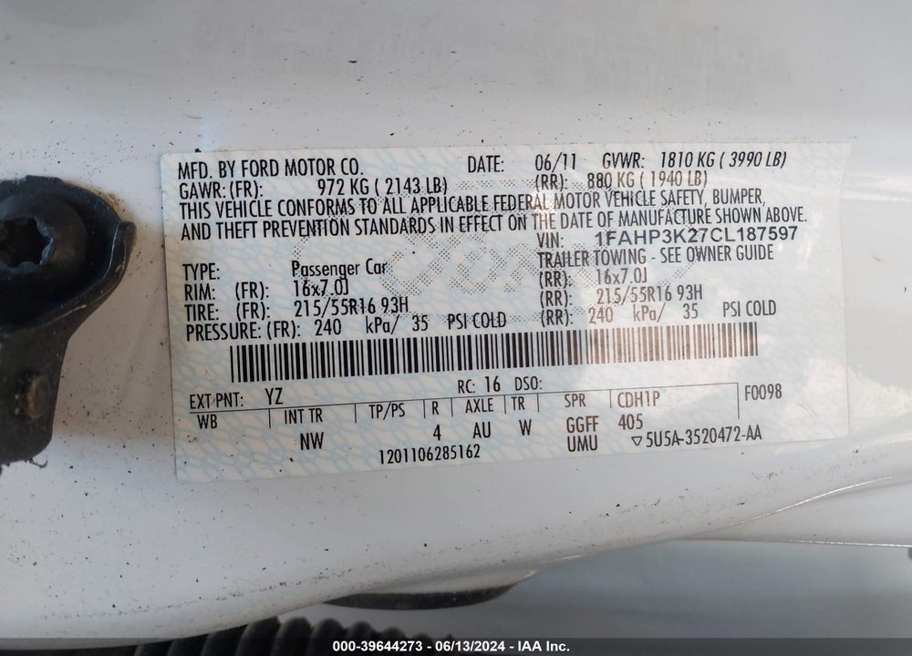 2012 FORD FOCUS SE VIN: 1FAHP3K27CL187597