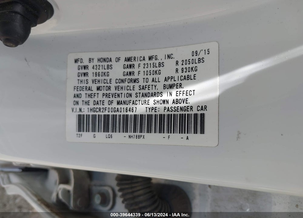 2016 HONDA ACCORD EX VIN: 1HGCR2F00GA016467