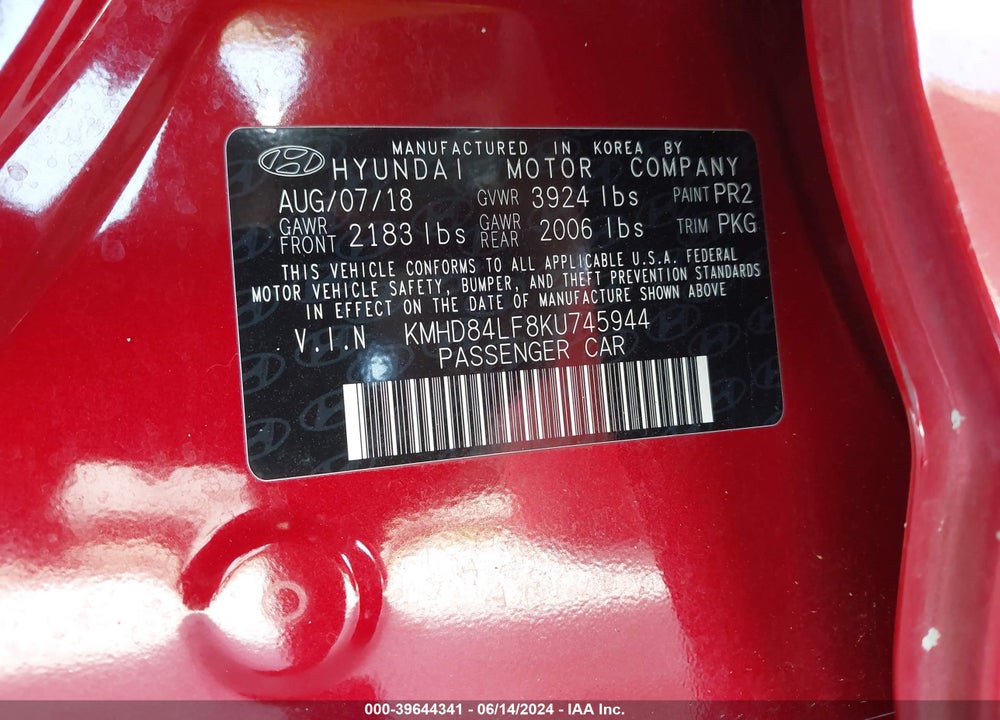 2019 HYUNDAI ELANTRA SEL VIN: KMHD84LF8KU745944