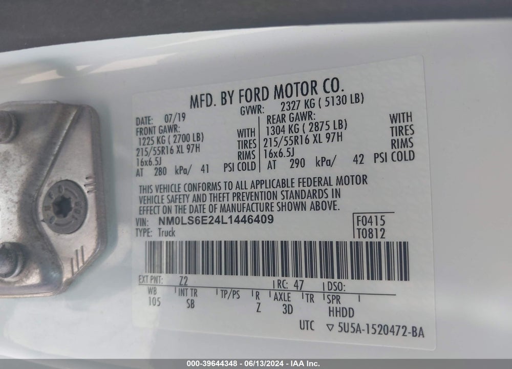 2020 FORD TRANSIT CONNECT XL VIN: NM0LS6E24L1446409