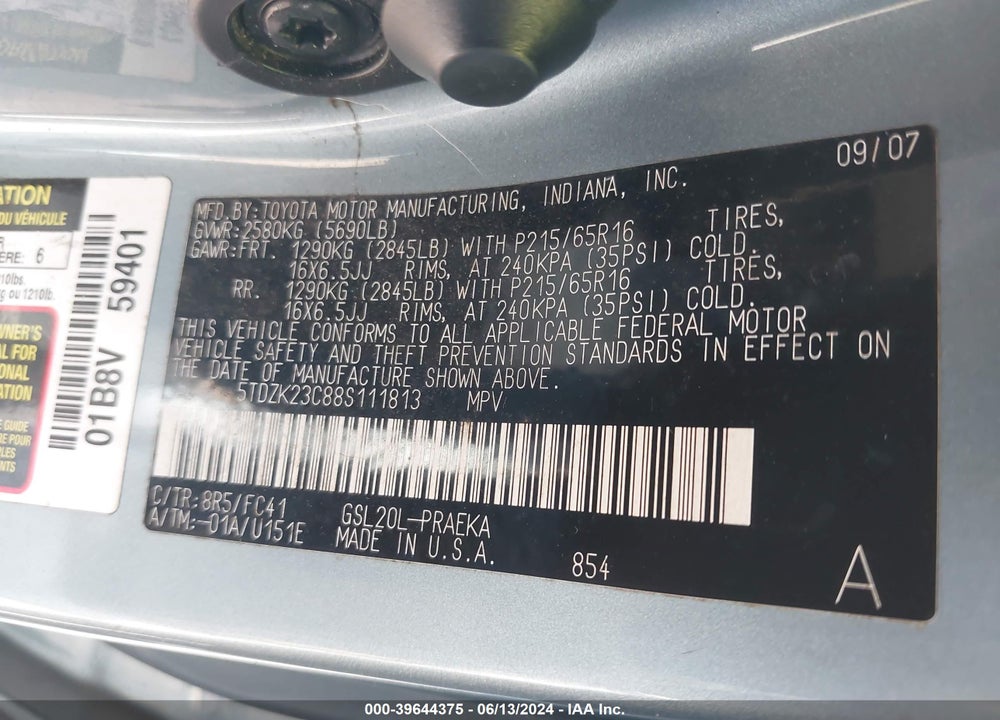2008 TOYOTA SIENNA LE VIN: 5TDZK23C88S111813