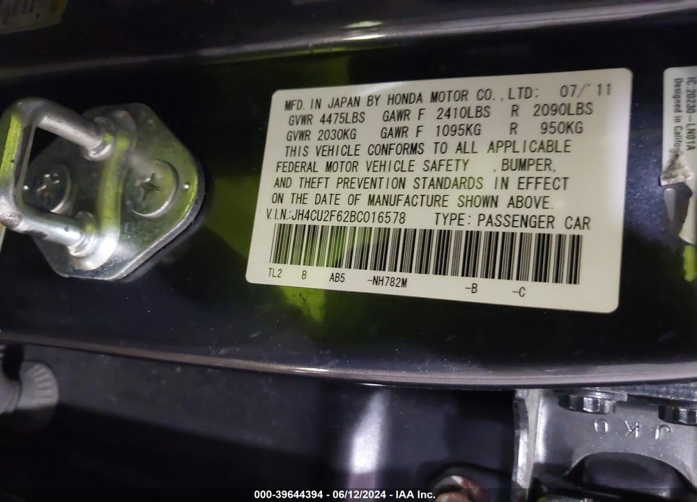 2011 ACURA TSX 2.4 VIN: JH4CU2F62BC016578