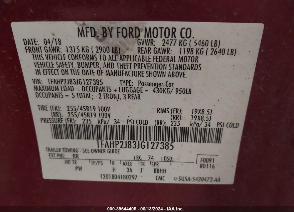 2018 FORD TAURUS VIN: 1FAHP2J83JG127385
