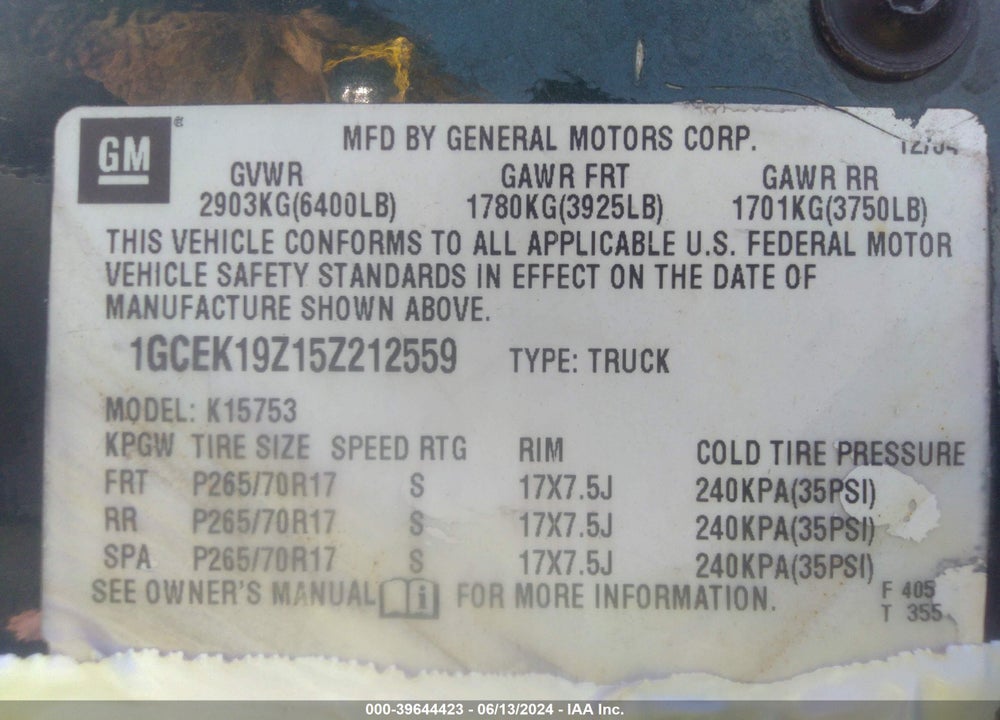2005 CHEVROLET SILVERADO 1500 Z71 VIN: 1GCEK19Z15Z212559