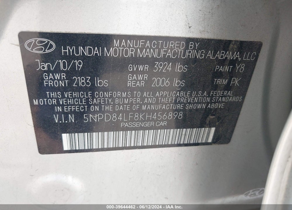 2019 HYUNDAI ELANTRA SEL VIN: 5NPD84LF8KH456898