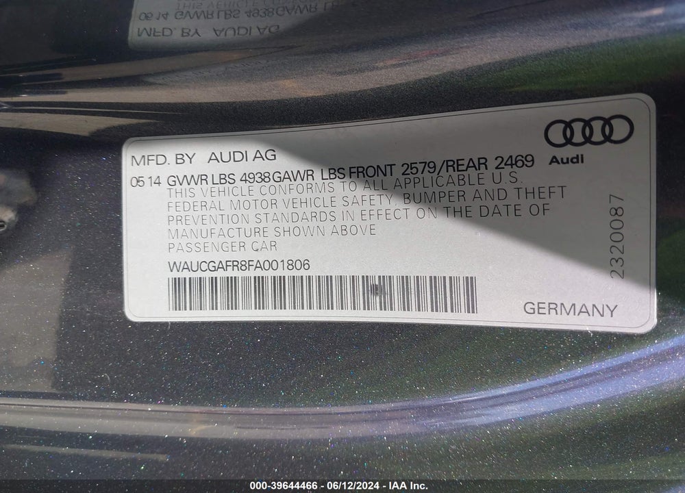 2015 AUDI S5 3.0T PREMIUM PLUS VIN: WAUCGAFR8FA001806