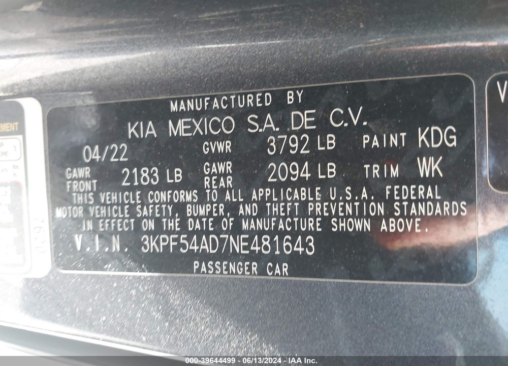 2022 KIA FORTE GT LINE VIN: 3KPF54AD7NE481643