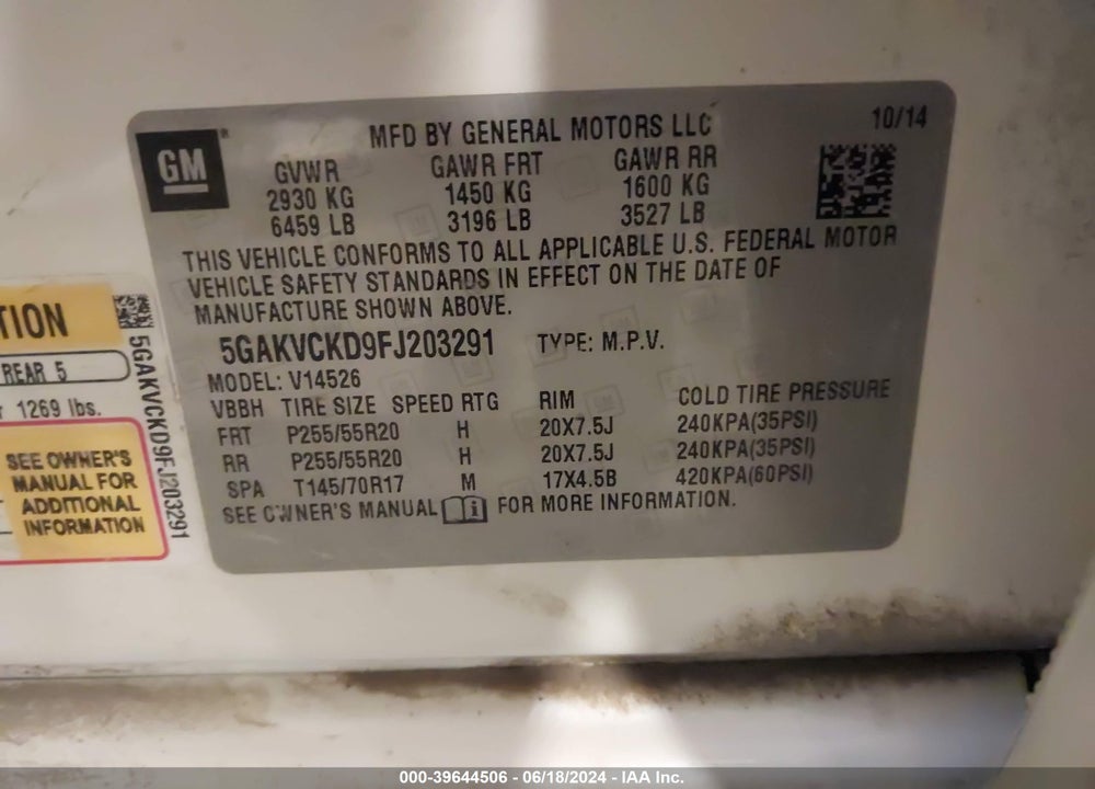 2015 BUICK ENCLAVE PREMIUM VIN: 5GAKVCKD9FJ203291