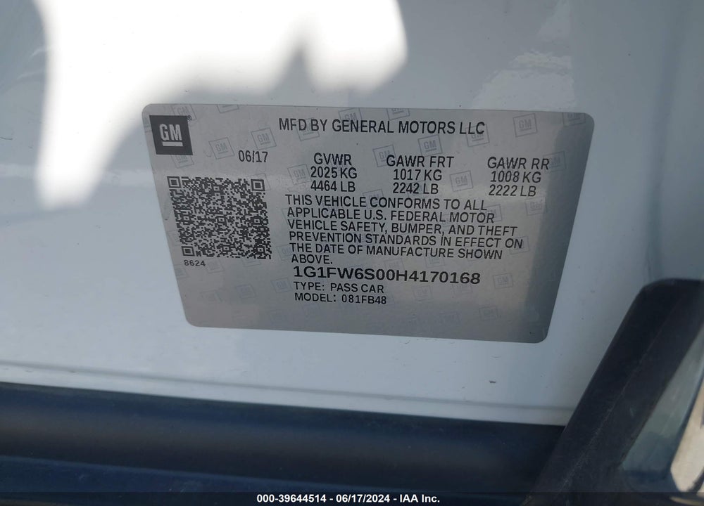 2017 CHEVROLET BOLT EV LT VIN: 1G1FW6S00H4170168